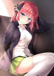 Rule 34 | 1girl, :q, arm up, black cardigan, blue eyes, blush, breasts, buttons, cardigan, closed mouth, collarbone, collared shirt, commentary request, go-toubun no hanayome, green skirt, hair ornament, hand up, head tilt, karutamo, long hair, long sleeves, looking at viewer, medium breasts, miniskirt, nakano nino, open cardigan, open clothes, red hair, school uniform, shirt, skirt, smile, solo, thighhighs, tongue, tongue out, two side up, v-shaped eyebrows, white shirt, white thighhighs, zettai ryouiki