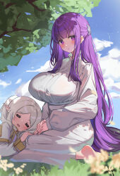 Rule 34 | 2girls, :o, absurdres, barefoot, blue sky, blush, breasts, closed eyes, cloud, day, dress, elf, fern (sousou no frieren), frieren, grass, highres, homura (homur4 homu), lap pillow, large breasts, long hair, long sleeves, looking at viewer, multiple girls, outdoors, pointy ears, purple eyes, purple hair, sitting, sky, sousou no frieren, white dress, white hair