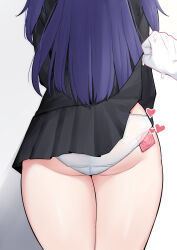 Rule 34 | 1girl, absurdres, ass, ass focus, black skirt, blue archive, clothes lift, condom, condom in clothes, condom wrapper, from behind, heart, highres, lifting another&#039;s clothes, long hair, miniskirt, panties, pleated skirt, purple hair, samyukgoo369, skirt, skirt lift, solo focus, two side up, underwear, white panties, yuuka (blue archive)