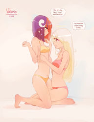 Rule 34 | 2girls, arms up, artist name, beige background, blonde hair, bra, breasts, brown hair, commentary, english commentary, english text, full body, halo, hickey, highres, kneeling, little viktoria, long hair, looking at another, looking at breasts, medium breasts, medium hair, multicolored hair, multiple girls, navel, open mouth, orange hair, original, panties, pink bra, pink panties, purple hair, seiza, simple background, sitting, small breasts, speech bubble, two-tone hair, underwear, underwear only, undressing another, watermark, web address, yellow bra, yellow panties, yuri