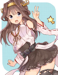 Rule 34 | 10s, 1girl, :d, ahoge, bare shoulders, boots, brown hair, cowboy shot, detached sleeves, double bun, fangs, hairband, headgear, highres, kantai collection, kongou (kancolle), lace, lace-trimmed legwear, lace trim, long hair, looking at viewer, maria (maria0304), nontraditional miko, open mouth, pleated skirt, purple eyes, ribbon-trimmed sleeves, ribbon trim, skirt, smile, solo, thigh boots, thighhighs, v