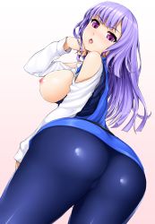 Rule 34 | 1girl, ass, bare shoulders, breasts, chestnut mouth, gradient background, gundam, gundam zz, highres, lambda (kusowarota), large breasts, long hair, long sleeves, looking back, nipples, open mouth, purple eyes, purple hair, roux louka, simple background, skin tight, solo