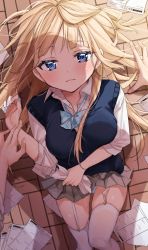 Rule 34 | 1girl, blonde hair, blue bow, blue eyes, blue nails, blue panties, blush, bow, bowtie, breasts, cardigan, chigusa minori, closed mouth, dress shirt, fallen down, floor, from above, garter straps, highres, looking at viewer, lying, medium breasts, messy hair, mole, nail polish, on back, on floor, original, panties, pantyshot, papers, pleated skirt, shadow, shirt, skirt, sweatdrop, thighhighs, thighs, unbuttoned, underwear, white shirt