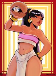 Rule 34 | 1girl, alternate hairstyle, armadillo, bare shoulders, black hair, blunt bangs, bracelet, breasts, brown eyes, brown lips, chel (the road to el dorado), collarbone, commentary, crop top, dark-skinned female, dark skin, earrings, english commentary, eymbee, gold bracelet, hand on own hip, highres, jewelry, lips, loincloth, long hair, looking to the side, mayan clothes, medium breasts, navel, parted lips, pelvic curtain, pink tube top, ponytail, strapless, the road to el dorado, thick thighs, thighs, tube top, twitter username, very dark skin, white loincloth