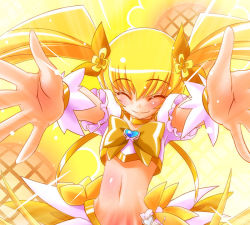 Rule 34 | 10s, 1girl, blonde hair, blush, bow, brooch, cure sunshine, closed eyes, hair ribbon, happy, heart, heart brooch, heartcatch precure!, hisame genta, magical girl, midriff, myoudouin itsuki, navel, precure, ribbon, skirt, solo, twintails, yellow background, yellow bow, yellow skirt, yellow theme