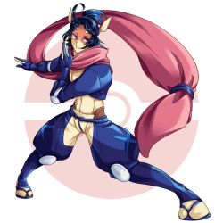 Rule 34 | 1boy, ahoge, blue gloves, blue hair, covered mouth, creatures (company), fighting stance, full body, game freak, gen 6 pokemon, gloves, greninja, knee pads, legs apart, male focus, nintendo, personification, pink scarf, poke ball symbol, pokemon, red eyes, sanai25290720, sandals, scarf, solo, standing, wide stance