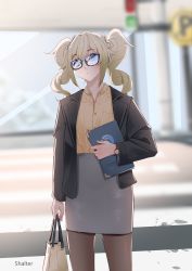 Rule 34 | 1girl, absurdres, alternate costume, bag, barbara (genshin impact), bespectacled, black skirt, blue eyes, blurry, collared shirt, contemporary, crosswalk, depth of field, drill hair, genshin impact, glasses, hair between eyes, highres, holding, light brown hair, long hair, long sleeves, looking at viewer, office lady, pantyhose, pencil skirt, pocket, road sign, shallt, shirt, shopping bag, sidelocks, sign, skirt, solo, traffic light, twin drills, twintails, watch, wristwatch
