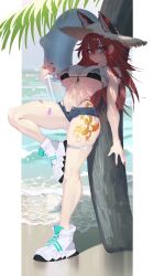 Rule 34 | 1girl, absurdres, animal ears, bandaid on thigh, beowulf (girls&#039; frontline), bikini, black bikini, braid, eonsang, girls&#039; frontline, green eyes, hat, highres, innertube, looking at viewer, micro shorts, navel, palm tree, parted lips, red hair, red nails, scar, scar across eye, shoes, shorts, sneakers, solo, straw hat, swim ring, swimsuit, tattoo, tree