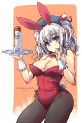 Rule 34 | 10s, 1girl, animal ears, beret, black pantyhose, blue eyes, bottle, breasts, dated, detached collar, fake animal ears, hat, highres, kantai collection, kashima (kancolle), large breasts, leotard, pantyhose, playboy bunny, rabbit ears, shinshin, silver hair, solo, tail, tray, tsurime, twintails, twitter username, wavy hair, wrist cuffs