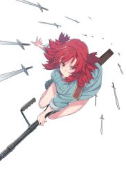 Rule 34 | 10s, 1girl, action, arm support, bare legs, blue footwear, boots, breasts, closed mouth, dress, dutch angle, female focus, fingernails, floating, floating object, flying, from above, full body, gun, hair ornament, hair ribbon, highres, izetta, large breasts, legs, long fingernails, looking at viewer, matching hair/eyes, multiple swords, naked uniform, outstretched arm, pocket, red eyes, red hair, ribbon, riding, rifle, serious, shade, short hair, shuumatsu no izetta, simple background, sleeves rolled up, solo, spread fingers, supernew, sword, too many weapons, tress ribbon, uniform, weapon, white background