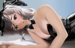 Rule 34 | 1girl, alternate costume, animal ears, bare shoulders, blush, bow, bowtie, breasts, brown eyes, fake animal ears, gradient background, grey hair, highres, kantai collection, large breasts, leotard, long hair, looking at viewer, lying, on side, playboy bunny, pola (kancolle), rabbit ears, tama (tamago), thick eyebrows, wavy hair