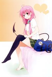 Rule 34 | 1girl, adjusting clothes, adjusting legwear, ahoge, bag, bag charm, barefoot, blouse, bow, bowtie, charm (object), demon tail, feet, gradient background, green bow, green bowtie, highres, lala satalin deviluke, long hair, no shoes, pink hair, school uniform, shirt, sitting, solo, striped, striped background, tail, thighhighs, to love-ru, white shirt