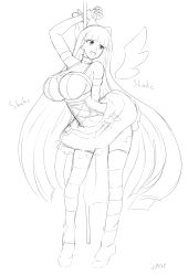 Rule 34 | 10s, 1girl, angel wings, armband, bangle, bare shoulders, bracelet, breasts, choker, corset, greyscale, highres, huge breasts, jadf, jewelry, lineart, long hair, miniskirt, monochrome, navel, panty &amp; stocking with garterbelt, pole, pole dancing, skirt, solo, stocking (psg), striped clothes, striped thighhighs, stripper pole, thighhighs, very long hair, wings