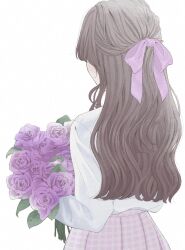 Rule 34 | 1girl, bow, commentary, facing back, flower, from behind, hair bow, highres, holding, holding flower, leaf, long hair, long sleeves, original, pink bow, pink skirt, plaid, plaid skirt, purple flower, purple rose, rose, shirt, simple background, skirt, solo, wavy hair, white background, white shirt, yuum1709