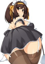 Rule 34 | 1girl, armband, ass, back, bare shoulders, black dress, bob cut, bow, breasts, brown hair, brown thighhighs, cowboy shot, dress, frilled armband, frilled dress, frills, garter straps, gloves, hair bow, hair intakes, hair ornament, hairband, haruhisky, highres, large breasts, maid, maid headdress, medium hair, simple background, skindentation, solo, suzumiya haruhi, suzumiya haruhi no yuuutsu, thighhighs, v-shaped eyebrows, white background, white gloves, yellow bow, yellow hairband, zettai ryouiki