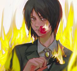Rule 34 | 1boy, black hair, brown hair, c10551, eren yeager, fire, flower, flower in mouth, formal, highres, holding, holding flower, jacket, jewelry, male focus, medium hair, necklace, rose, shingeki no kyojin, short hair, grey eyes, solo, suit, white background
