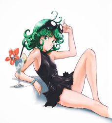 Rule 34 | 1girl, adjusting eyewear, antenna hair, black-framed eyewear, black one-piece swimsuit, bracelet, breasts, casual one-piece swimsuit, closed mouth, covered navel, drinking straw, eyewear on head, flower, glass, gorilla(1844~), green eyes, green hair, jewelry, looking at viewer, medium hair, one-piece swimsuit, one-punch man, red flower, sideboob, simple background, sitting, small breasts, solo, sunglasses, swimsuit, tatsumaki, white background
