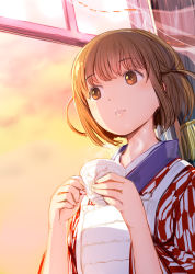 Rule 34 | 1girl, apron, brown eyes, brown hair, chirori (manga), commentary request, cup, highres, holding, holding cup, japanese clothes, mikazuki akira!, short hair, sky, solo, steam, teacup, waitress, window, yagasuri