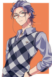 Rule 34 | 1boy, argyle, argyle clothes, argyle sweater, asada hachi, closed mouth, collared shirt, commentary request, eyewear strap, glasses, grey shirt, hand on own hip, highres, hypnosis mic, jewelry, looking at viewer, male focus, multicolored hair, necklace, red eyes, round eyewear, serious, shirt, short hair, sleeveless, sleeveless sweater, solo, streaked hair, sweater, tsutsujimori rosho, twitter username, upper body, watch, watermark, wristwatch