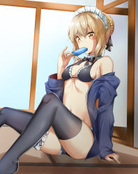 Rule 34 | 1girl, apron, artoria pendragon (all), artoria pendragon (alter swimsuit rider) (fate), artoria pendragon (alter swimsuit rider) (second ascension) (fate), artoria pendragon (fate), bikini, black bikini, black bow, black jacket, black ribbon, black thighhighs, blonde hair, bow, braid, breasts, bridal garter, choker, eating, fate/grand order, fate (series), food, french braid, frilled apron, frilled bikini, frills, hair ribbon, highres, hood, hoodie, jacket, maid, maid bikini, maid headdress, medium breasts, off shoulder, open clothes, open hoodie, open jacket, popsicle, ribbon, saber alter, sitting, sleeves past wrists, strap gap, sunhyun, swimsuit, thighhighs, unconventional maid, waist apron, white apron, yellow eyes