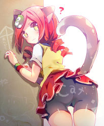 Rule 34 | 10s, 1girl, :3, ?, ai ai gasa, ana (rznuscrf), andou ringo, animal ears, ass, bike shorts, black shorts, cat ears, cat girl, cat tail, closed mouth, english text, kemonomimi mode, long hair, looking at viewer, looking back, low twintails, osomatsu-san, osomatsu (series), pleated skirt, puyopuyo, red hair, red skirt, ringlets, shirt, short sleeves, shorts, skirt, solo, sweater vest, tail, translated, twintails, white shirt, wristband, yellow eyes