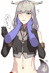 Rule 34 | 1girl, animal ear fluff, animal ears, bad id, bad twitter id, bare shoulders, black gloves, blush, breasts, crop top, elbow gloves, fox ears, gloves, green eyes, grey hair, jewelry, kageshio (276006), long hair, looking at viewer, navel, necklace, one eye closed, small breasts, smile, solo focus, speech bubble, translation request, weiss (sennen sensou aigis)