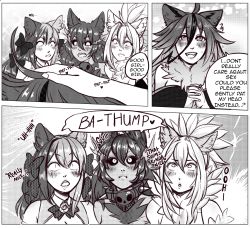 Rule 34 | 4girls, animal ears, bare shoulders, bell, black sclera, blush, bow, breasts, cat ears, cheshire cat (monster girl encyclopedia), collar, colored sclera, comic, derivative work, dog ears, english text, flaming eyes, greyscale, hair bow, headpat, hellhound (monster girl encyclopedia), highres, large breasts, long hair, manosdetrapo, manticore (monster girl encyclopedia), monochrome, monster girl, monster girl encyclopedia, monster girl encyclopedia ii, multicolored hair, multiple girls, open mouth, parody, raiju (monster girl encyclopedia), smile, spiked collar, spikes, tail, two-tone hair, typo