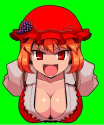 Rule 34 | 1girl, aki minoriko, alternate hair color, bad id, bad pixiv id, breasts, cleavage, collarbone, fang, fangs, female focus, food, fruit, grapes, green background, hat, large breasts, mono (moiky), open mouth, orange hair, puffy sleeves, red eyes, short hair, slit pupils, solo, teasing, touhou, upper body
