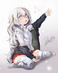 Rule 34 | 1girl, arm support, bad id, bad pixiv id, bandaged leg, bandages, black jacket, blue eyes, blush, collared shirt, commentary request, dress shirt, full body, girls&#039; frontline, gradient background, grey background, grey hair, hair between eyes, jacket, long hair, long sleeves, looking away, off shoulder, open mouth, outstretched arm, pleated skirt, red skirt, ribeyrolles (girls&#039; frontline), shirt, signature, simple background, sitting, skindentation, skirt, solo, suru (ksoo420), thighhighs, very long hair, wariza, white background, white shirt