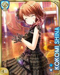 Rule 34 | 1girl, black bow, black dress, black gloves, black ribbon, bow, breasts, brown eyes, brown hair, character name, closed eyes, closed mouth, dress, girlfriend (kari), gloves, hair ornament, indoors, jewelry, mansion, necklace, night, official art, qp:flapper, ribbon, shiina kokomi, short hair, smile, solo, stairs, stairwell
