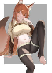 Rule 34 | 1girl, absurdres, animal ear fluff, animal ears, arknights, arm support, black pantyhose, border, breasts, brown eyes, brown hair, cropped jacket, cropped shirt, fang, feet, foot out of frame, fox ears, fox girl, fox tail, franka (arknights), franka (rainforest me rainbow) (arknights), grey background, hair between eyes, hand up, highres, invisible chair, jacket, knee up, lahz52, large breasts, layered sleeves, leaning back, legs, long hair, looking at viewer, midriff, navel, no shoes, official alternate costume, open clothes, open jacket, open mouth, outside border, pantyhose, shirt, simple background, sitting, skin fang, solo, stirrup legwear, tail, toeless legwear, toes, very long hair, white border, yellow jacket, yellow shirt
