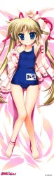 Rule 34 | 1girl, :&lt;, absurdres, ankleband, arm up, armpits, barefoot, blonde hair, blue eyes, dakimakura (medium), feet, fujima takuya, highres, huge filesize, legs, long hair, long image, long sleeves, name tag, open clothes, open shirt, scan, school swimsuit, shirt, smile shooter, solo, suzuhira airi, swimsuit, tall image, toes, twintails, very long hair