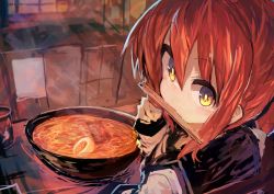 Rule 34 | 1girl, absurdres, brown hair, chopsticks, cup, egg, folded ponytail, food, hair between eyes, highres, inazuma (kancolle), kaamin (mariarose753), kantai collection, long sleeves, mouth hold, noodles, ramen, shirt, solo, white shirt, yellow eyes