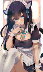 Rule 34 | 1girl, animal ear fluff, animal ears, apron, black dress, black hair, blue eyes, breasts, cat ears, cat girl, cat tail, chita (ketchup), cleavage, closed mouth, collared dress, commentary request, dress, frilled apron, frills, hair between eyes, hand up, highres, knees up, large breasts, long hair, looking at viewer, maid apron, maid headdress, original, puffy short sleeves, puffy sleeves, short sleeves, signature, solo, tail, thighhighs, tongue, tongue out, very long hair, white apron, white thighhighs