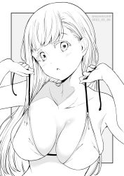 Rule 34 | 1girl, bikini, bikini top only, breasts, collarbone, dated, grey background, greyscale, highres, kichihachi, large breasts, long hair, looking at viewer, monochrome, original, simple background, solo, swimsuit, twitter username, two-tone background, upper body, white background