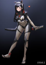 Rule 34 | 1girl, absurdres, animal ears, artist name, black hair, blush, bodysuit, breasts, brown eyes, cat ears, eyelashes, fake animal ears, full body, gradient background, heart, highres, holding, holding sword, holding weapon, katana, legs apart, long hair, long sleeves, looking to the side, medium breasts, original, parted lips, scabbard, sheath, sheathed, skin tight, solo, spoken heart, standing, standing on one leg, steve zheng, sword, teeth, turtleneck, weapon, weapon on back