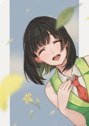 Rule 34 | 1girl, :d, absurdres, bad id, bad pixiv id, bare shoulders, black hair, blush, bob cut, facing viewer, green jacket, hand on own chest, highres, jacket, kyomachi seika, leaning to the side, necktie, neko5-mofumofu, open mouth, red necktie, shirt, short hair, sleeveless, sleeveless jacket, smile, solo, upper body, voiceroid, white shirt