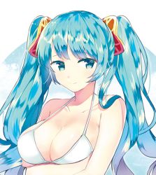Rule 34 | 1girl, aqua eyes, aqua hair, bad id, bad pixiv id, bikini, blush, bomu, breasts, large breasts, league of legends, long hair, long twintails, looking at viewer, smile, solo, sona (league of legends), swimsuit, twintails, white bikini