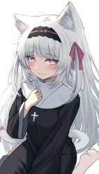 Rule 34 | 1girl, absurdres, animal ear fluff, animal ears, barefoot, black hairband, blush, cat ears, cat girl, cat tail, closed mouth, clothing cutout, commentary, commission, hair ribbon, hairband, hand on own chest, highres, kei8987, long hair, long sleeves, looking at viewer, nun, original, purple eyes, red ribbon, ribbon, rosary, silver hair, simple background, sitting, skeb commission, smile, solo, tail, tail through clothes, very long hair, wariza, white background