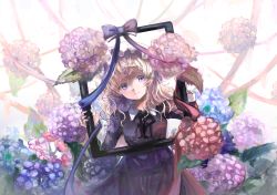 Rule 34 | 1girl, absurdres, black neckerchief, blonde hair, blue flower, bow, closed mouth, collared dress, commentary, dress, empty picture frame, flower, hands up, hat, head tilt, highres, holding frame, hydrangea, iei, leaf, long sleeves, maribel hearn, medium hair, minus (sr mineka), mob cap, neckerchief, picture frame, purple bow, purple dress, purple flower, red flower, sleeve cuffs, smile, solo, touhou, upper body, wavy hair, white hat