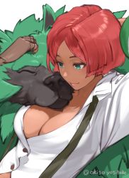 Rule 34 | 1girl, akisa yositake, breasts, buttons, cleavage, closed mouth, giovanna (guilty gear), green eyes, guilty gear, guilty gear strive, medium breasts, petting, red hair, rei (guilty gear), shirt, short hair, simple background, smile, suspenders, twitter username, upper body, white background, white shirt, wolf
