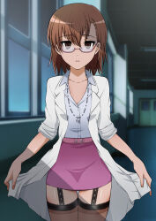 Rule 34 | 1girl, absurdres, belt, black eyes, black thighhighs, blank eyes, blue shirt, bokunopiko, brown hair, coat, collarbone, collared shirt, cowboy shot, doctor, expressionless, female focus, gacha, garter straps, glasses, heart, heart necklace, highres, holding, holding clothes, hospital, indoors, jewelry, lab coat, long sleeves, looking at viewer, miniskirt, misaka imouto, necklace, night, official alternate costume, open clothes, open coat, open mouth, parted bangs, pink skirt, see-through, see-through legwear, shirt, short hair, skirt, sleeves rolled up, solo, standing, thighhighs, toaru majutsu no index, toaru majutsu no index: imaginary fest