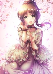 Rule 34 | 1girl, :d, bare shoulders, blush, brown hair, cherry blossoms, collarbone, cowboy shot, day, dress, floral print, frilled dress, frilled sleeves, frills, grey dress, hair bun, hand in own hair, idolmaster, idolmaster cinderella girls, jewelry, long hair, long sleeves, looking at viewer, ment, necklace, off shoulder, open mouth, outdoors, pendant, petals, rose print, sidelocks, single hair bun, sleeves past elbows, smile, solo, spaghetti strap, spring (season), standing, strap slip, takamori aiko, tareme, thigh gap, thighs