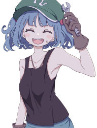 Rule 34 | 1girl, absurdres, blue hair, blush stickers, brown gloves, closed eyes, collarbone, flat cap, gloves, green hat, hair bobbles, hair ornament, hat, highres, holding, holding wrench, kame (kamepan44231), kawashiro nitori, one-hour drawing challenge, open mouth, round teeth, short hair, simple background, smile, solo, teeth, touhou, twintails, upper body, upper teeth only, white background, wrench