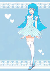 Rule 34 | 10s, 1girl, blue dress, blue eyes, blue hair, blush, dress, eyelashes, fashion, happinesscharge precure!, happy, heart, high heels, kagami chihiro, long hair, looking at viewer, matching hair/eyes, open mouth, polka dot, polka dot dress, precure, shirayuki hime, shoes, smile, solo, standing, thighhighs, thighs, white thighhighs