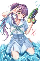 Rule 34 | 1girl, ;d, absurdres, aqua neckerchief, breasts, collarbone, commentary, dated, dress, finger on trigger, flower, full body, green eyes, grin, hair bun, hair flower, hair ornament, hands up, hasu no sora school uniform, highres, holding, holding water gun, ixianim, large breasts, link! like! love live!, long hair, looking at viewer, love live!, medium dress, neckerchief, one eye closed, open mouth, otomune kozue, pleated dress, purple hair, red flower, sailor collar, sailor dress, school uniform, see-through, see-through dress, short sleeves, side ponytail, sidelocks, single side bun, sitting on water, smile, solo, summer uniform, virtual youtuber, water, water gun, wet, wet clothes, wet dress, white background, white dress, white sailor collar