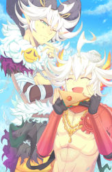 Rule 34 | 2boys, ahoge, armor, black gloves, black jacket, blue sky, blush, chain, closed eyes, closed mouth, cloud, commentary request, cowboy shot, fake horns, fingerless gloves, flipped hair, food, fur collar, gloves, gradient wings, hair between eyes, head wings, holding, holding food, horned headwear, horns, jacket, looking at another, male focus, mechanic (ragnarok online), multicolored wings, multiple boys, one eye closed, open mouth, orange pants, orange wings, pants, purple wings, q qree, ragnarok online, red armor, sandwich, shadow chaser (ragnarok online), short hair, shrug (clothing), sky, upper body, white hair, wings