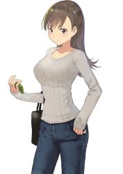 Rule 34 | 1girl, alternate costume, breasts, brown eyes, brown hair, casual, cellphone, commentary request, cowboy shot, denim, highres, jeans, jewelry, kantai collection, large breasts, long hair, long sleeves, looking at viewer, masukuza j, necklace, ooi (kancolle), pants, phone, ribbed sweater, simple background, solo, standing, sweater, white background
