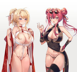 Rule 34 | 2girls, :d, ahoge, armpits, azur lane, bare shoulders, black dress, black nails, black panties, blonde hair, blue eyes, blush, bra, bra peek, braid, braided bun, breasts, bremerton (azur lane), bremerton (kung fu cruiser) (azur lane), bridal gauntlets, brown bra, china dress, chinese clothes, chinese commentary, choker, cleavage, closed mouth, clothes lift, clothing cutout, collarbone, commentary request, cowboy shot, double bun, dress, dress lift, eyewear on head, flower, french braid, glorious (azur lane), glorious (pungent plum) (azur lane), grey hair, groin, hair between eyes, hair bun, hair flower, hair intakes, hair ornament, hair stick, highres, large breasts, lifted by self, long hair, looking at viewer, looking away, midriff, mole, mole on breast, mole under eye, multicolored hair, multiple girls, nail polish, navel, neck ribbon, neckwear request, nose blush, off shoulder, official alternate costume, ok sign, open clothes, open dress, open mouth, panties, pelvic curtain, pink eyes, pink hair, pubic tattoo, red choker, red dress, revealing clothes, ribbon, round eyewear, sidelocks, simple background, skindentation, smile, standing, stomach, strapless, strapless bra, streaked hair, sunglasses, tattoo, thighhighs, tinted eyewear, two-tone hair, underwear, white background, white flower, wide sleeves, yuemanhuaikong