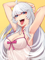 Rule 34 | 1girl, ahoge, armpits, arms behind head, arms up, blue eyes, blue nails, breasts, cleavage, collarbone, commentary request, cosplay, fingernails, highres, large breasts, long hair, mash kyrielight, mash kyrielight (cosplay), mash kyrielight (swimsuit of perpetual summer), mikan (chipstar182), mole, mole on breast, mole under eye, mole under mouth, nail polish, official alternate costume, open mouth, original, piercing, pink ribbon, ribbon, see-through, silver hair, simple background, solo, straight hair, teeth, tongue, tongue out, tongue piercing, upper body, upper teeth only, yellow background